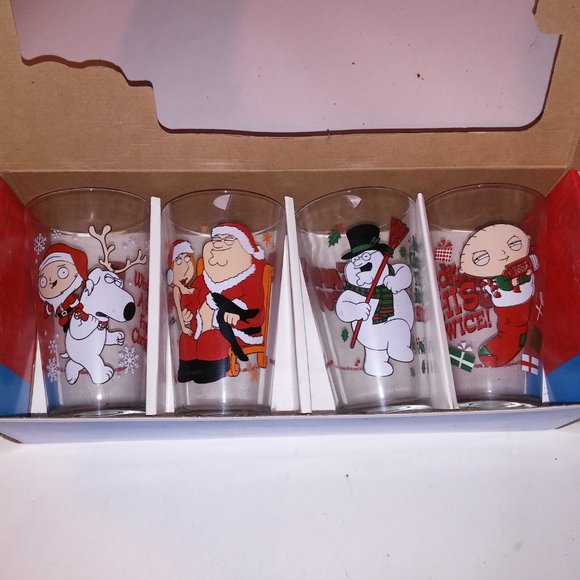 Family Guy Christmas Pint Glass 4 Pack Set Cartoon Gift Stewie 6" Tall Preowned - Picture 8 of 10